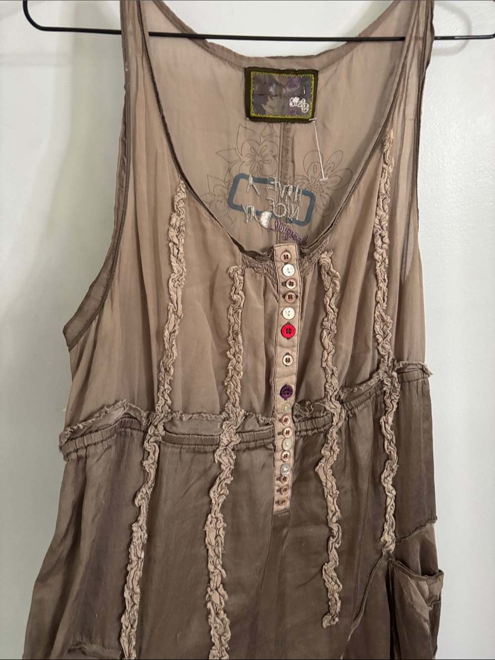Desigual Taupe Floral Embroidered Button-Front Dress silk - Picture 4 of 9